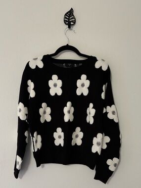 T Tahari Black Floral Daisy Print Sweater XS